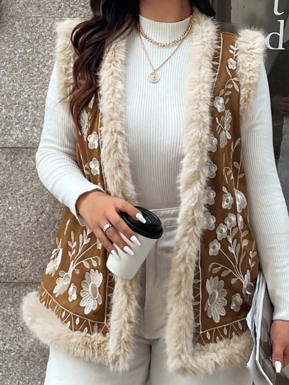 Brown Elegant Women's Embroidered Patchwork Faux Fur Collar Jacket